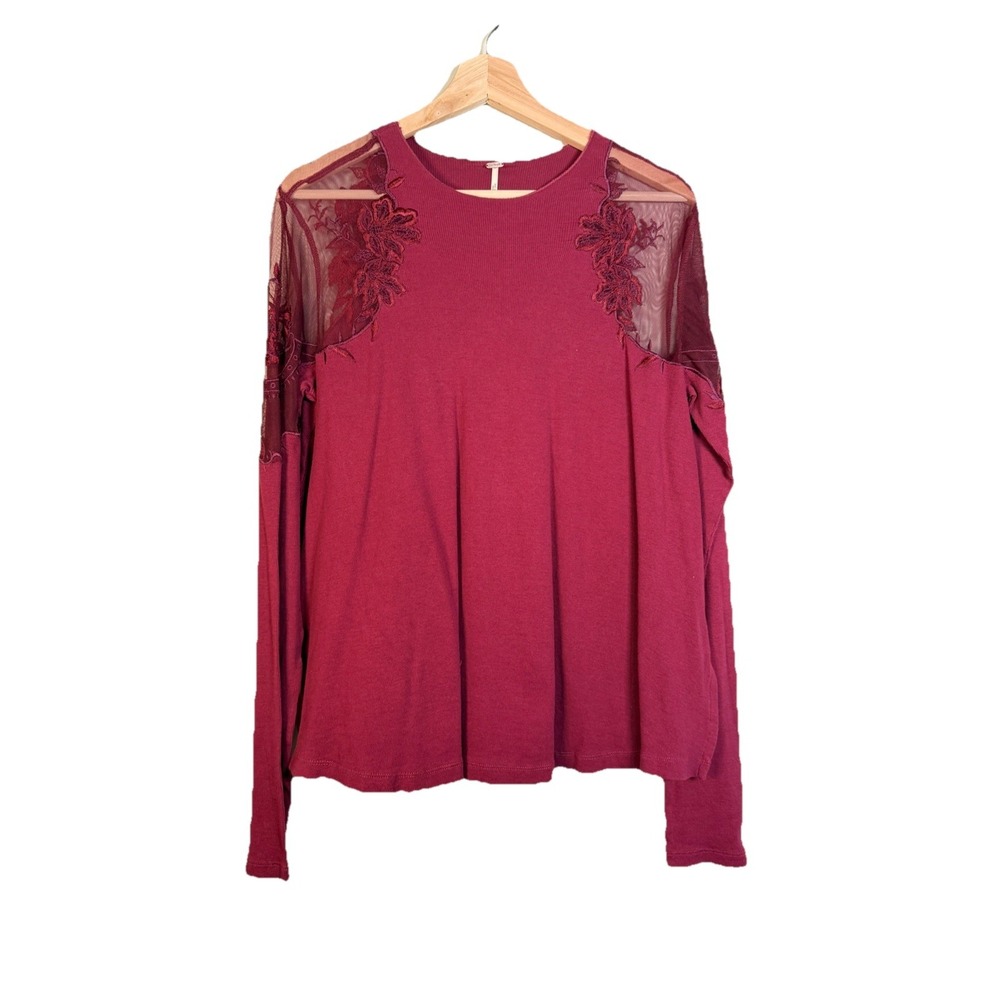 Free People Daniella Sheer Embroidered Illusion Top Wine Burgundy Lace Witchy‎ S